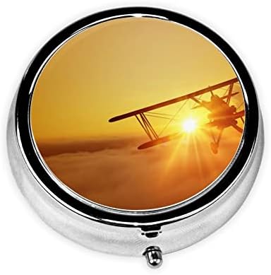 Avião de aeronave na caixa de comprimidos redondos do pôr -do -sol, mini portátil, casa, escritório, viagem