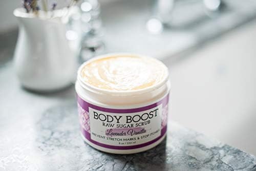 Body Boost Lavanda Vanilla Scrub de açúcar cru 8 oz- Tratar as marcas de pele seca e cicatrizes- Gravidez e enfermagem- alérgeno
