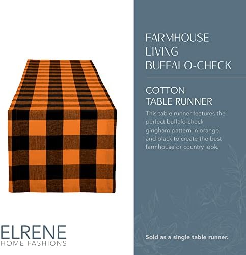 Elrene Home Fashions Farmhouse Living Fall Buffalo-Check Table Runner, Runner de mesa da fazenda sazonal, 13 W x 70 L, laranja