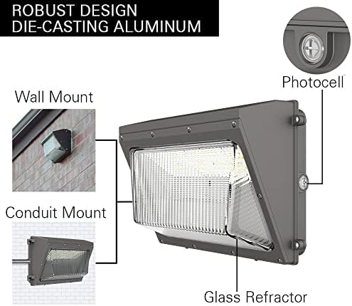 Konlite LED Wall Pack Light, 108/90/63W, 3 brilho selecionável até 14.040 lúmens, 5000K, 0-10V Dimmable, lente de vidro, sensor de