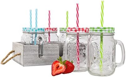 Jarra de vidro jarra de canecas com alças e canudos coloridos reutilizáveis ​​incluem bandeja de madeira para facilitar