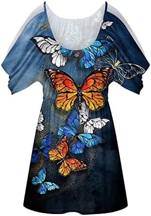 Mulher de manga curta sem alças feminino Camista fria de peco de peco de algodão Butterfly Blouse Blouse camiseta senhoras