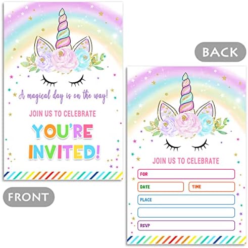 Convites de aniversário de festa de unicórnio mágicos - suprimentos de tema de unicórnio do arco -íris, aniversário de menino