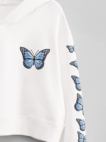 OyoAngelange da menina impressão de borboleta de manga longa Drop Pullover de ombro moletom Capuz de capuz Top camiseta camiseta