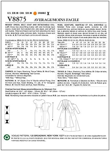 Vogue Patterns V8875 Misses Dress/Belt/Casat e Modelo de costura de colarinho destacável, tamanho B5