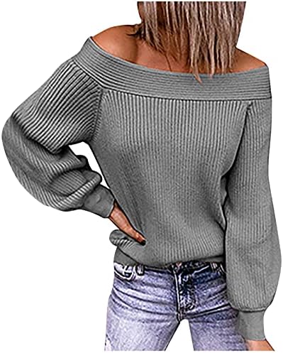 Fora dos suéteres do ombro para o pulôver de cor sólida com nervuras femininas malha de manga longa de manga comprida
