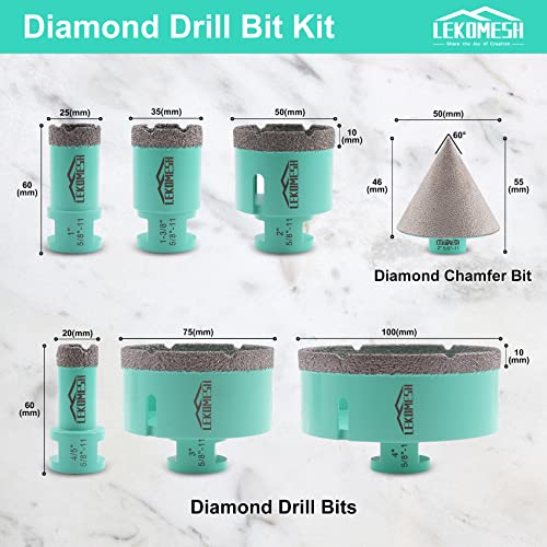 LEKOMESH Diamond Core Bits Bits Definir Kit de serra de ladrilho 7pcs para porcelana Tile Ceramic Marble Brick Concrete