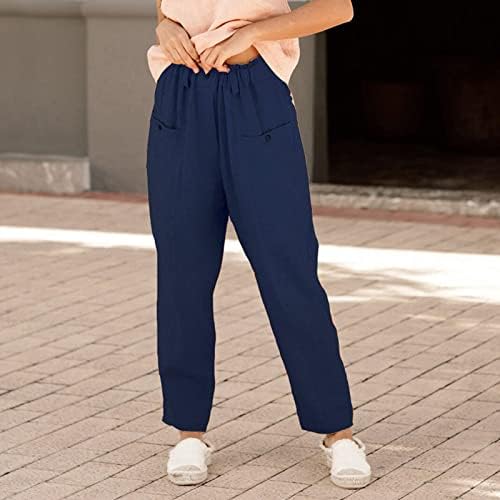 Calças de linho de algodão feminina, cintura elástica da frente lisa da frente reta Slim Fit Yoga Troushers Summer Summer