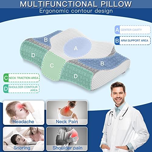 Almofado de espuma de memória cervical Elviros, travesseiros de contorno para pescoço, travesseiro de cama ergonômica ajustável para