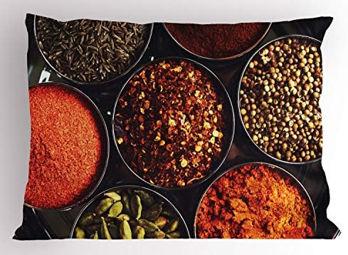 Ambesonne Spice Pillow Sham, aditivos de cozinha e cozinha precisa de tigelas de elementos de tempero tradicional, Vista superior,