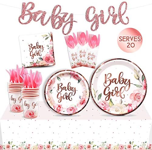 Nefelibata 162pcs Floral Baby Shower Table outware Supplies para meninas Gold Rose Gold, Banner Placas Copas de guardanapos Tabela de