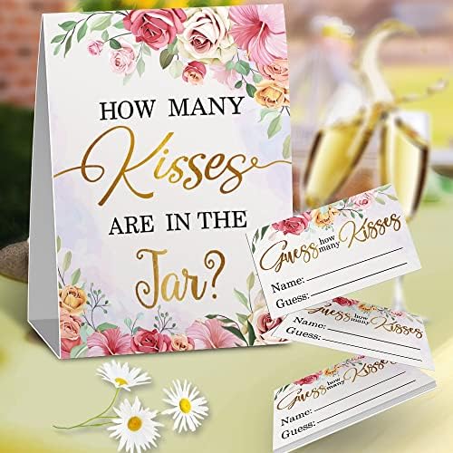 Floral Quantos beijos Cartões de sorteio de jogo de chuveiro de noiva, Kit de cartões de jogo de chuveiro de noiva, tema floral,