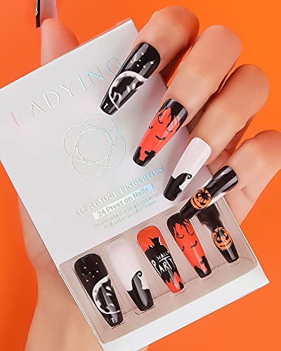Ladying 24 PCs Halloween Pressione Unhas Long Coffi