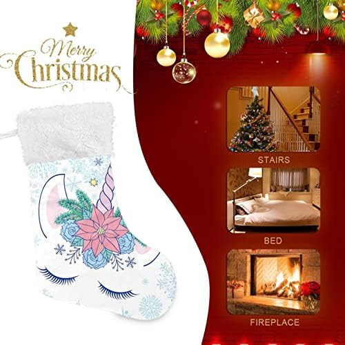 Unicórnio com grinalda floral meia de Natal, 1 peça de 17,7 polegadas Big Natal Ornamentos com manguito de pelúcia branca, decorações
