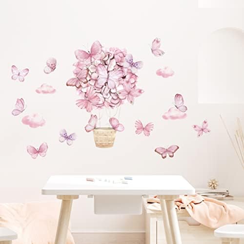 Flor rosa Flor quente balão de balão de borboleta adesivos para garotos quarto berçário decalques de parede de berçário