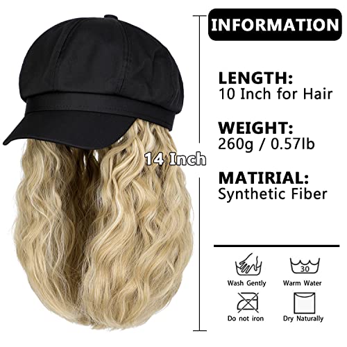 CEPHERRER NEWSBOY Cap com extensões de cabelo encaracoladas onduladas de 10 polegadas para mulheres, chapéu anexo, extensões sintéticas