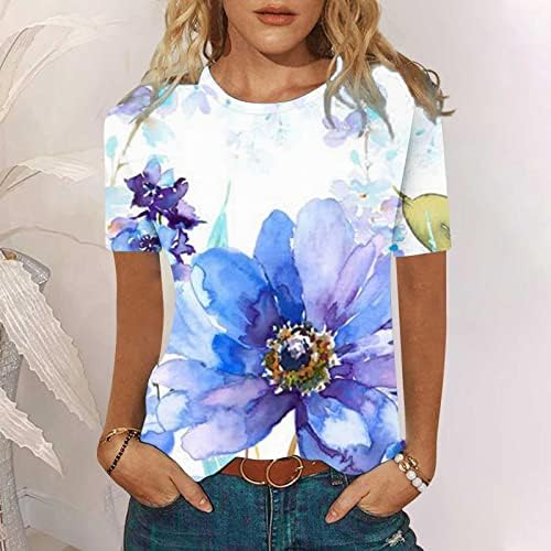 Camisa superior para garotas adolescentes outono de verão de manga curta Crew algodão pintura de tinta de algodão floral camisa gráfica