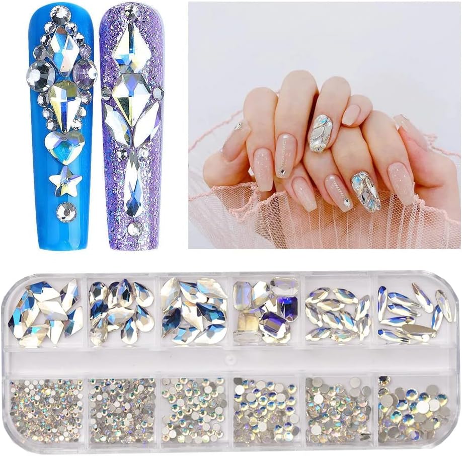 Definir 12 grades Moonlight Crystal Rhinestones Acessórios de unhas de tamanho misturado Decoração de arte de unhas