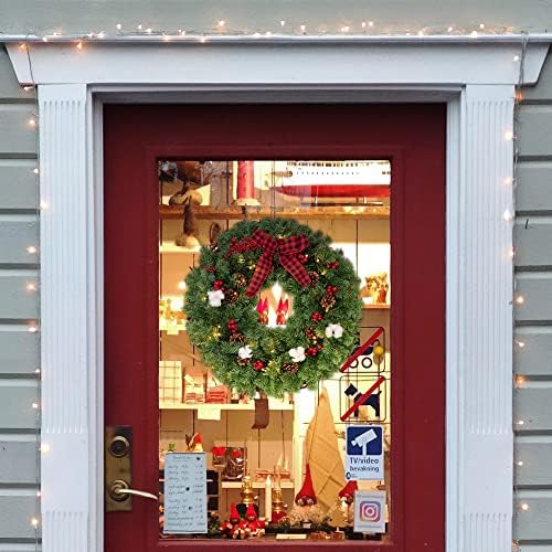 Grinalsa de Natal de 24 polegadas, grinalda de Natal iluminada para porta da frente, decorada com pinheiros, aglomerados