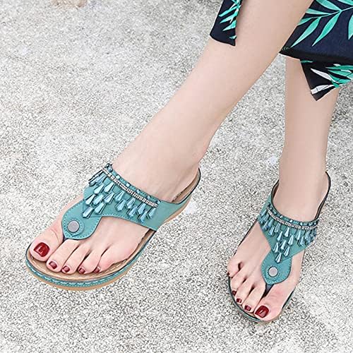 Sandálias de cunha de strass femininas lâminas de praia de verão com suporte de arco de suporte bohemian de dedo do pé