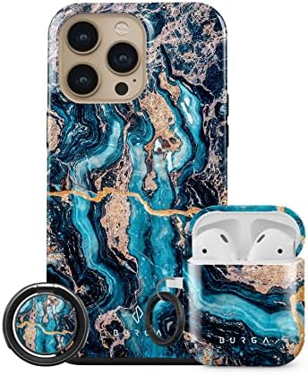 Pacote Burga do iPhone 14 Pro Max Case, suporte para anel e AirPods 2 & 1 Case Mystic River Pattern - fofo, elegante, moda, luxo,