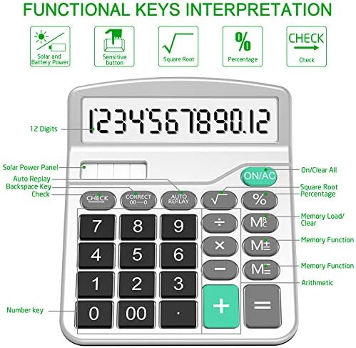 Calculadoras, SPLAKS 2 Pacote de calculadoras funcionais padrão Sola e AA Battery Power Electronic Office Calculadora com tela