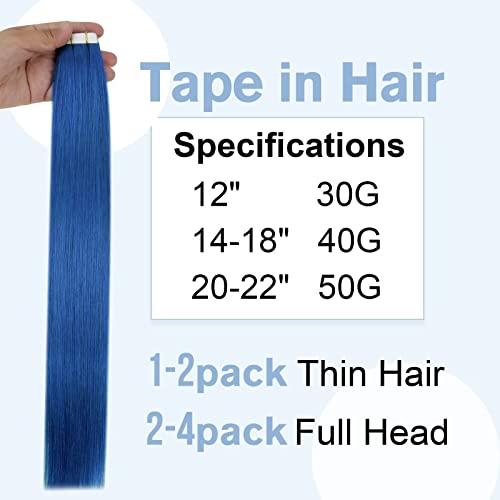 【Salve mais】 Easyouth Two Pack Tap Enchemings Hair Extensions Real Human Hair 1 & Blue 12inch