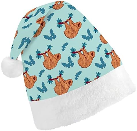 Preguiça engraçada pendurada em um galho de árvore engraçado chapéu de Natal Papai Noel Hats Presujo curto com punhos