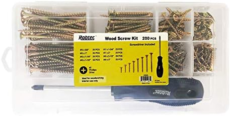 Robtec Wood parafusos Kit de sortimento - 200 PCs parafusos de madeira de cabeça plana com chave de fenda - parafusos de zinco