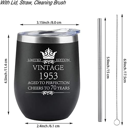 HLIKEM 1953 Presentes de aniversário de 70 anos 12 onças de aço inoxidável copo de viagem com parede dupla com parede dupla com pincel
