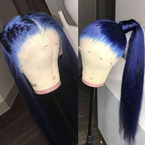 Krn Blue Color Remy Human Human Wigs Silky reta 130% de densidade de renda frontal perucas pré -arrancadas linha de linha full de renda