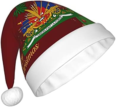 Brasão de braços de Haiti Funny Adults Plexh Santa Hat chapéu de Natal para mulheres e homens chapéu de férias de natal