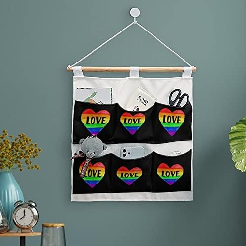 Love LGBT Gay Pride Heart Wall Closet pendurado Bolsa de armazenamento 6 bolsos de linho de linho sobre as bolsas organizadoras