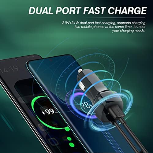 Carregador de carro para iPhone, 3A Super Rast Fast Cigarette Light Plug in Adapter com porta USB extra, carregador de telefone