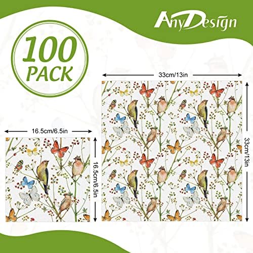 Almoço de pássaro de 100 pacote de 100 pacote de pacote Aguarda aquarela Flores de borboleta papel guardanapos decorativos