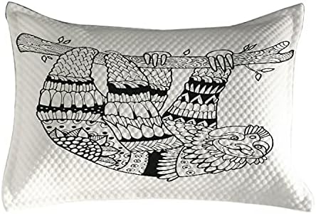 Ambesonne Sloth acolchoado Caso de travesseiros, preguiça com detalhes ornamentais Animal tropical em estilo, capa padrão