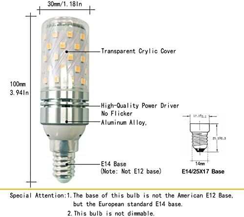 CTKCOM 12W E14 lâmpadas de candelabra LED, lâmpadas de milho de milho LED E14 LED 3000K Bulbos de lustres de LED branco, luzes