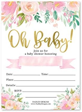 25 Convites de chá de bebê floral rosa, convite para menina, tema de revelação de gênero de jardim coed, fofo aquarela