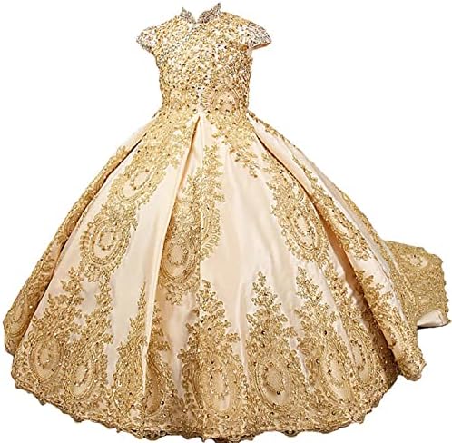 Vestidos de flor de flor de renda dourada de Gsunmmw para o vestido de bola de concurso de contas de casamento, primeiro