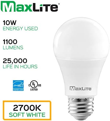Bulbo LED maxlite A19, acessório fechado classificado, 75W equivalente, 1100 lúmens, consumível, base média E26, 2700k branco
