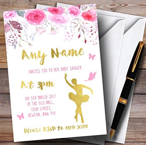 Convites de bailarina floral de ouro rosa de ouro rosa convites para chá de bebê
