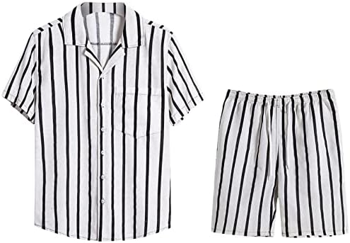 Camisa de listras masculinas 2 peças roupas havaianas de manga curta camisas e shorts, homens abotone
