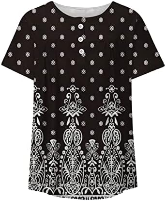 Camisas femininas Túnica casual Tops vintage T-shirt de estilo étnico de estilo curto Henley Shirts V Casual Blouse Flowy Blouse