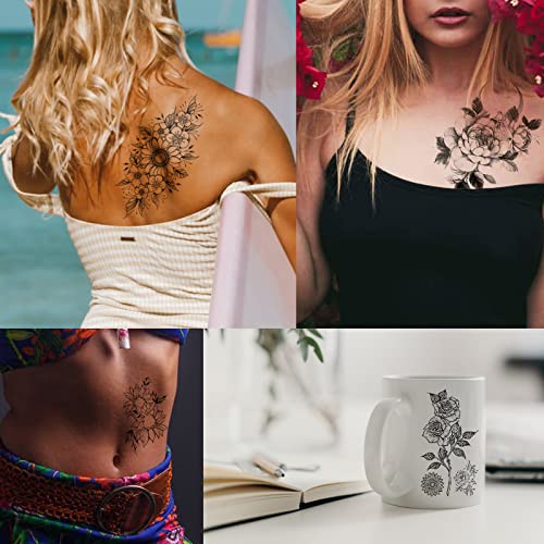 16 folhas 3D Black Flower Tattoos temporários para mulheres braço corporal Pescoço à prova d'água Tatuagens falsas Rose Sunflower Moon Tattoo Stickers for Adults Girl