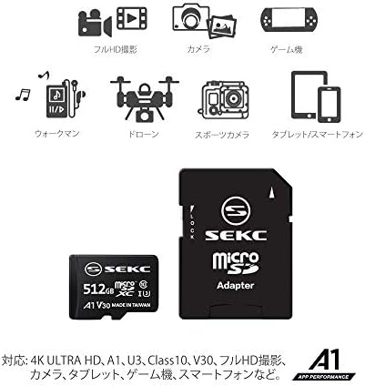 Sekc sv30a1512 cartão microSDXC, 512 GB, A1, UHS-I, V30, Classe 10 Compatível, 4K, Ultra HD Compatível, velocidade máxima