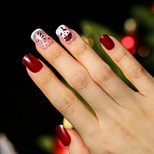 Pressionamento de Natal Uraniano em unhas curtas Cute vermelho unhas falsas com bone de neve cana de cana -de -neve cana brilhante