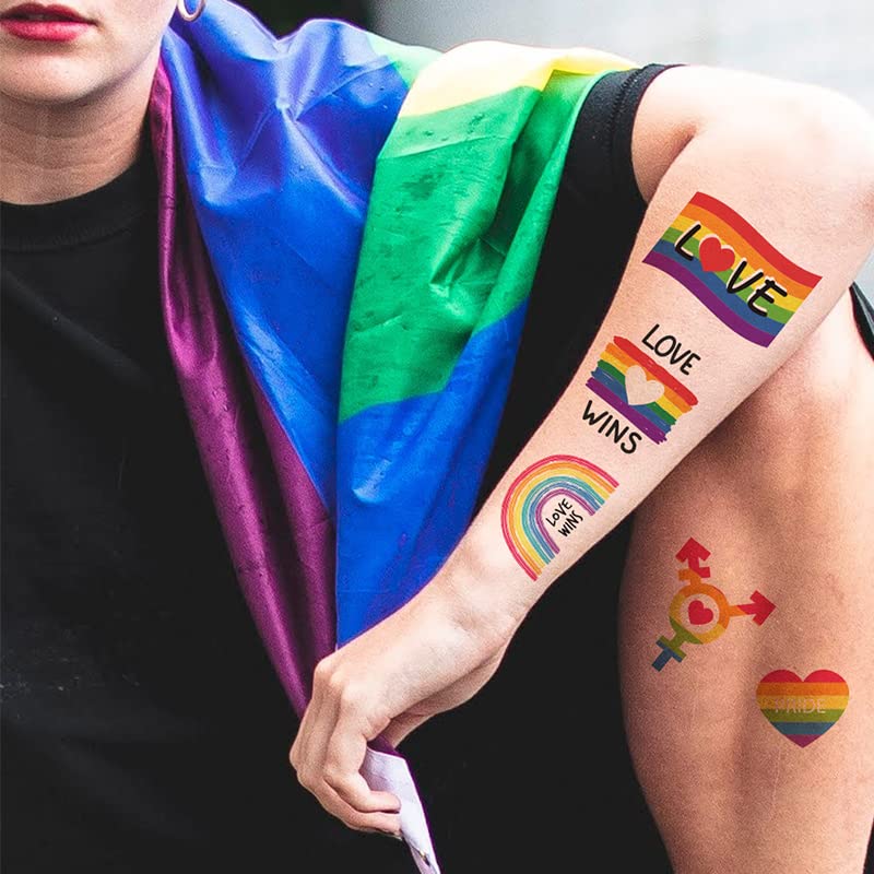 Pride Gay Rainbow Tatuagens temporárias Conjunto 75 peças Face LGBT Rainbow Setors Rainbow Rainbow Tattoos de arco -íris