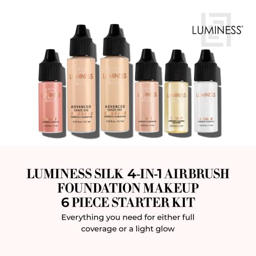 Luminess Silk 4-in-1 Airbrush Foundation Makeup Starter Kit-Cobertura média, 6 peças-Inclui 2x Fundação de Airbrush de seda,