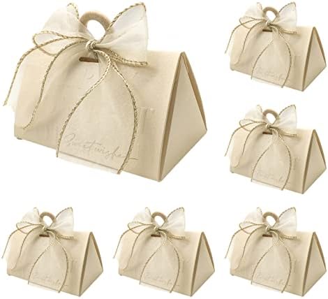 Caixas de doces de casamento Glghmh, caixas de presente de favor do casamento bege, com miçangas de madeira e fita, para casamentos