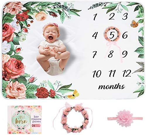 Baby Monthly Milestone Blanket | Adesivos de marcos mensais florais, grinalda floral premium e faixa para a cabeça | Cobertores